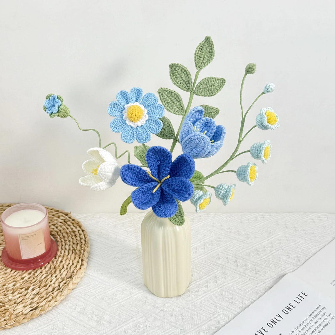 Crochet Flower Bouquet: Handmade Yarn Flowers, 4 Colors, Wrapped & Vase Options