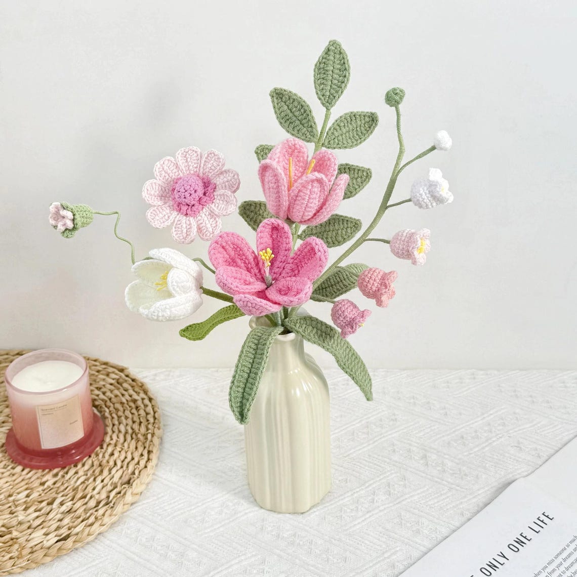 Crochet Flower Bouquet: Handmade Yarn Flowers, 4 Colors, Wrapped & Vase Options