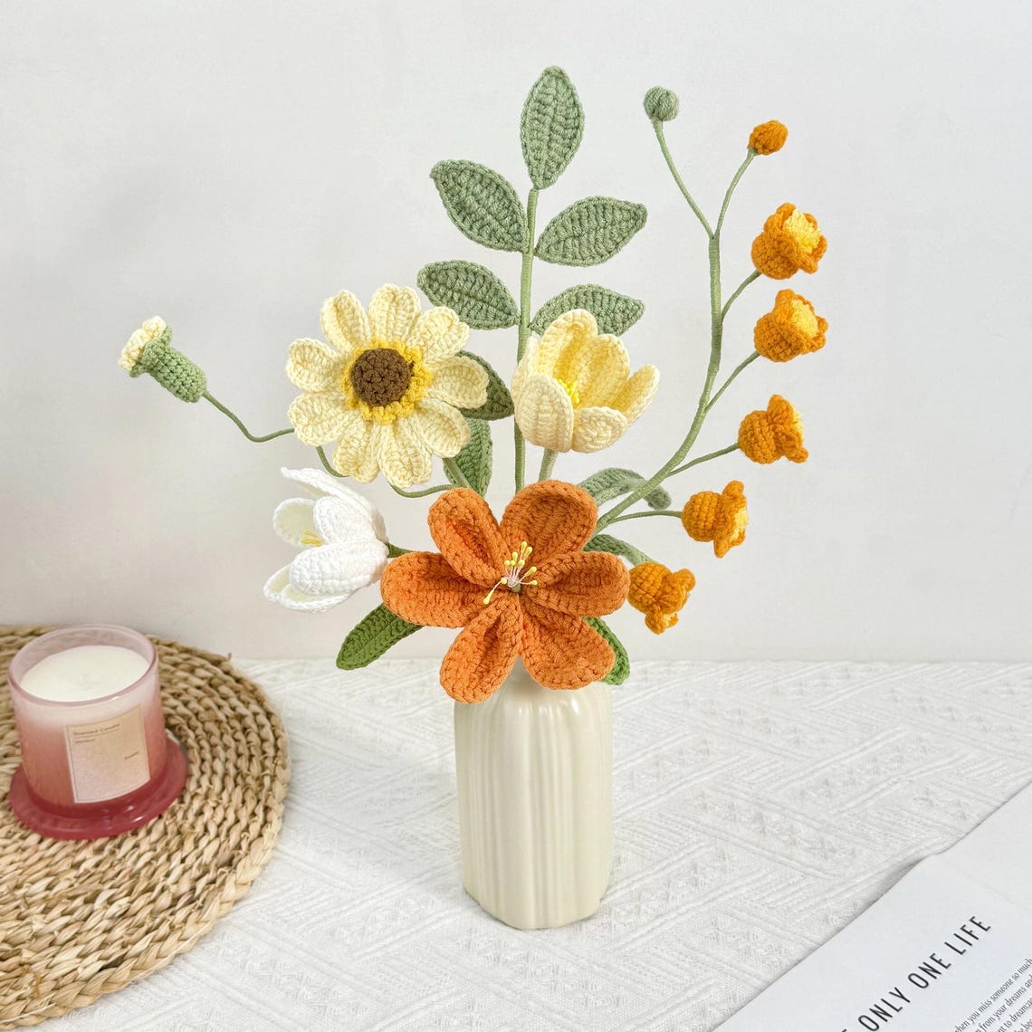 Crochet Flower Bouquet: Handmade Yarn Flowers, 4 Colors, Wrapped & Vase Options