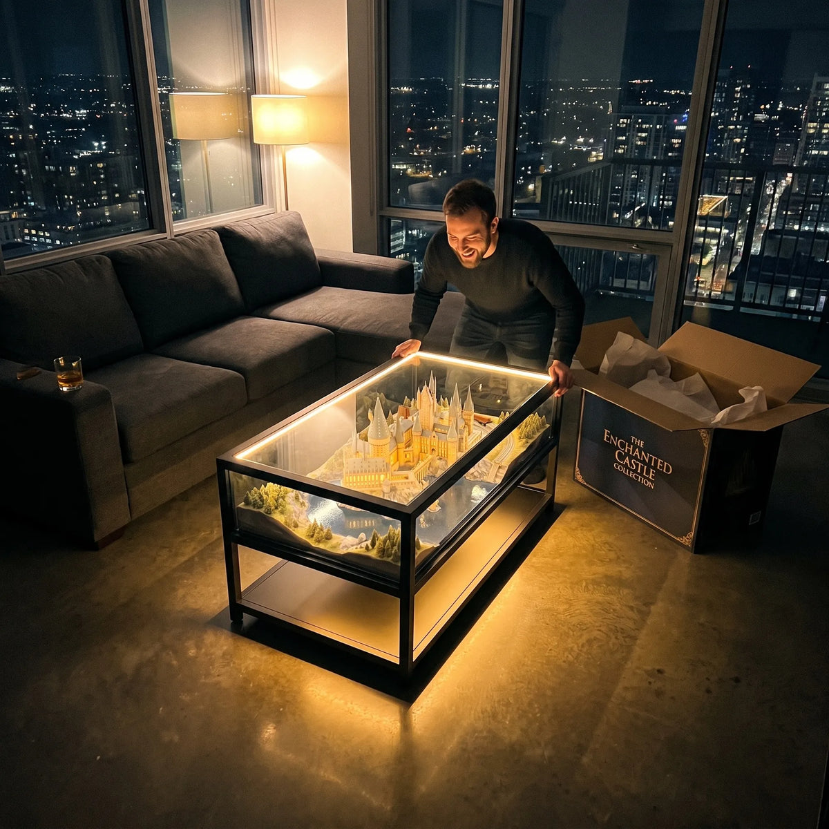 🏰 Fantasy Castle LED Coffee Table – A Magical Scene Under Glass