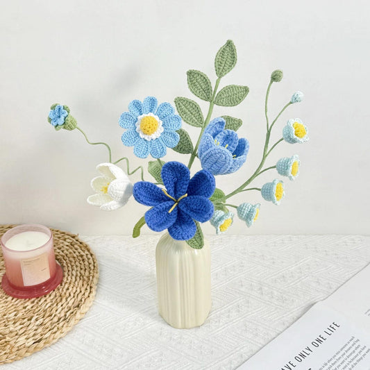 Crochet Flower Bouquet: Handmade Yarn Flowers, 4 Colors, Wrapped & Vase Options