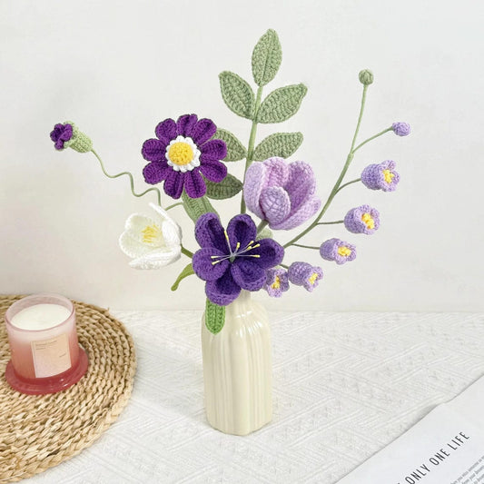 (Special Offer)✨Crochet Flower Bouquet: Handmade Yarn Flowers, 4 Colors, Wrapped & Vase Options